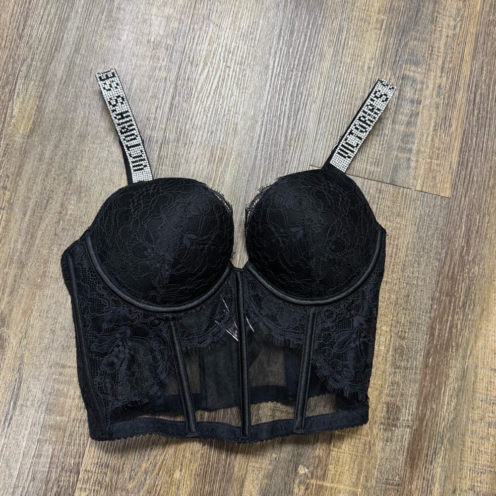 Victoria's Secret Black Lace Bustier‎ with Rhinestones Straps